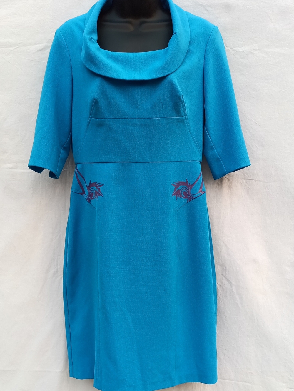 Donna Ricco Vintage Turquoise Blue Midi Dress with Cowl Neck